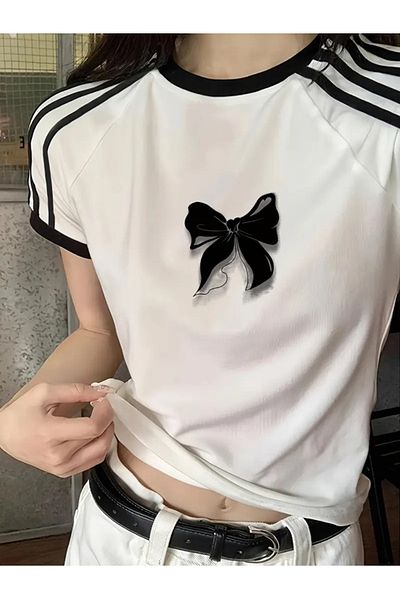 Touz Moda Crop Cut - Κορδέλα με στάμπα με διπλή ρίγα μπλούζα κορμάκι
