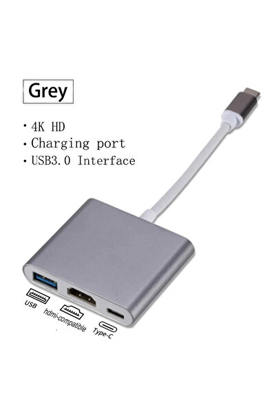 Choice كابل رمادي/أسود بطول 15 سم، محول 3 في 1 من USB-C إلى HDMI، موزع USB 3....