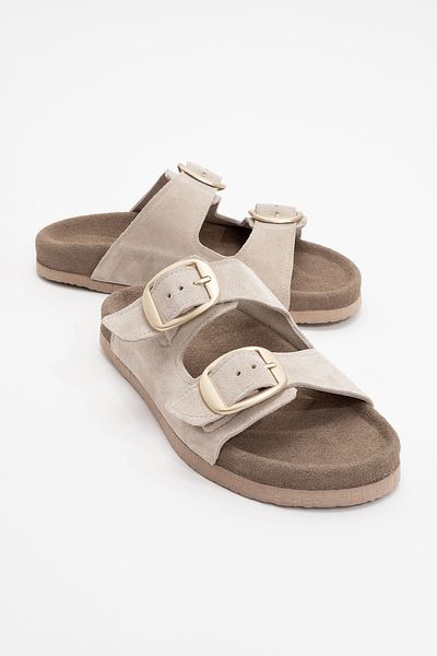 LuviShoes OVESTA Bej piele intoarsa din piele naturala - papuci de dama cu bretele duble