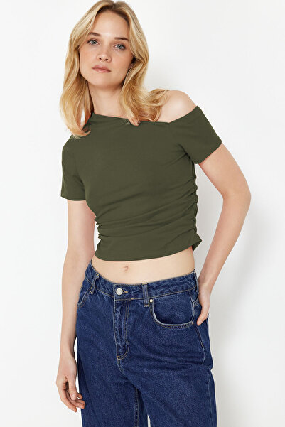 Trendyol Collection Χακί πλισέ ασύμμετρη γιακά ελαστική πλεκτή μπλούζα TWOSS24BZ00073