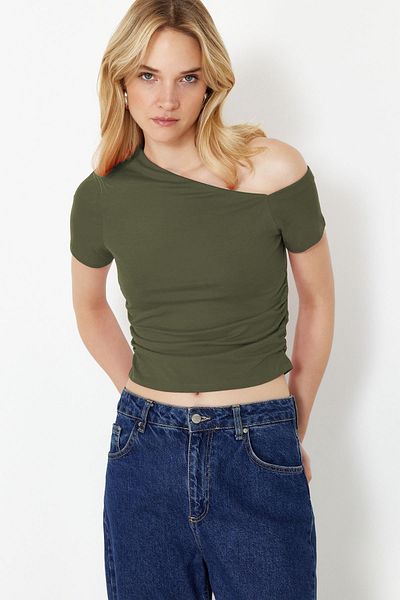 Trendyol Collection Χακί πλισέ ασύμμετρη γιακά ελαστική πλεκτή μπλούζα TWOSS24BZ00073
