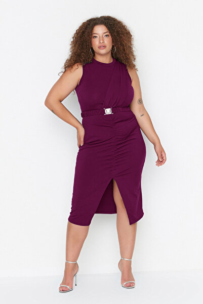 Trendyol Curve Plum Belt Drape and Slit Knitted Dress Tbbss22Ah00008