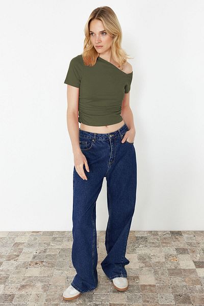 Trendyol Collection Χακί πλισέ ασύμμετρη γιακά ελαστική πλεκτή μπλούζα TWOSS24BZ00073