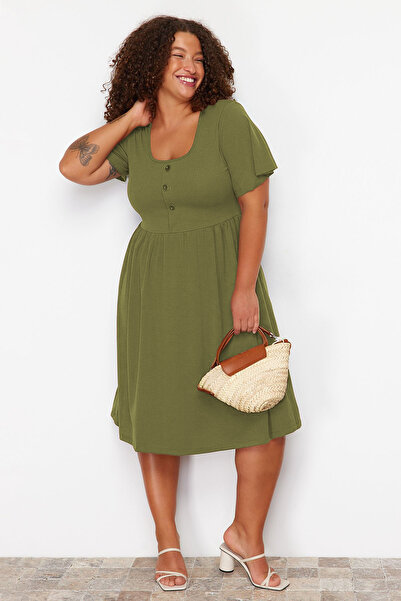 Trendyol Curve Green Drawstring Detail Midi Ribbed Knitted Dress Tbbss24Ah00176