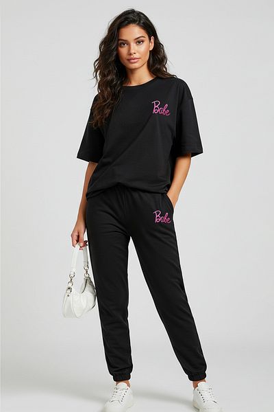 Trendyol Collection Slogan Printed Black Knitted T-Shirt and Pants Set - Twoss25Au00098