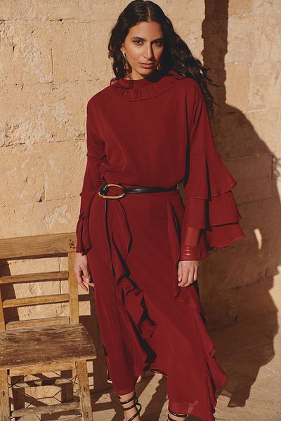 Trendyol Modest Μπορντό υφαντή φούστα X AI - Λεπτομέρεια βολάν, TCTAW25EE00012