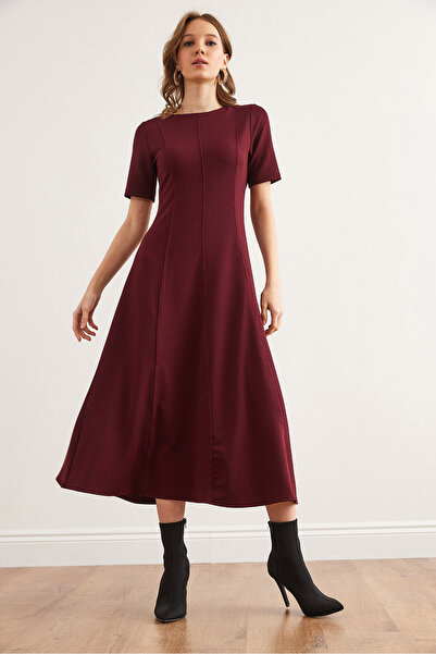 Olalook Damska bordowa sukienka midi z dzianiny z zamkiem błyskawicznym z tyłu Elb- 19002342