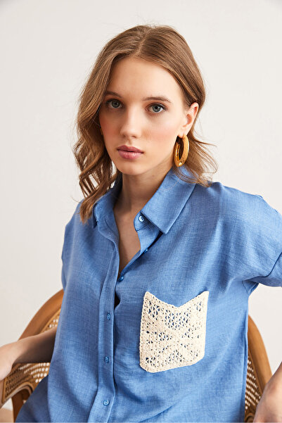 Olalook Women's Indigo Guipure Pocket Detail Linen Look Shirt Gml- 19001286