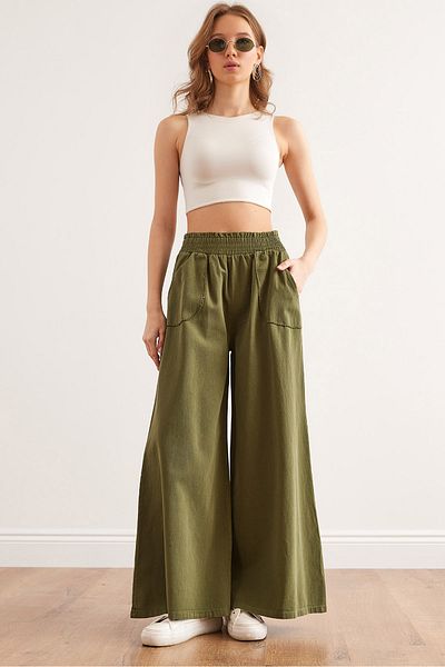 Olalook Women's Khaki Pants - Spanish Leg, Elastic Waist, Pockets, Cotton Gabardine Pnt- 19000314