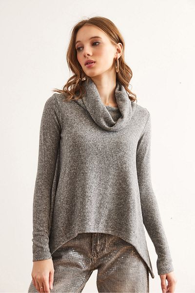 Olalook Γκρι γυναικεία πλεκτή μπλούζα Degaje Collar - BLZ- 19002830