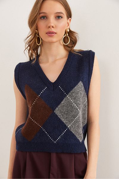 Olalook Women's Navy Blue Diamond Pattern Crop Knitwear Sweater Svt- 00000044