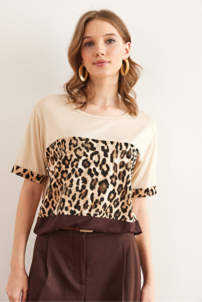 Olalook Γυναικείο μπλουζάκι βισκόζης σε μπεζ καφέ λεοπάρ σχέδιο - TSH- 19000835
