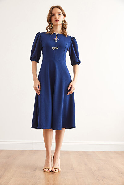 Olalook Női sötétkék masni részletes Midi kötött ruha ELB- 19002341