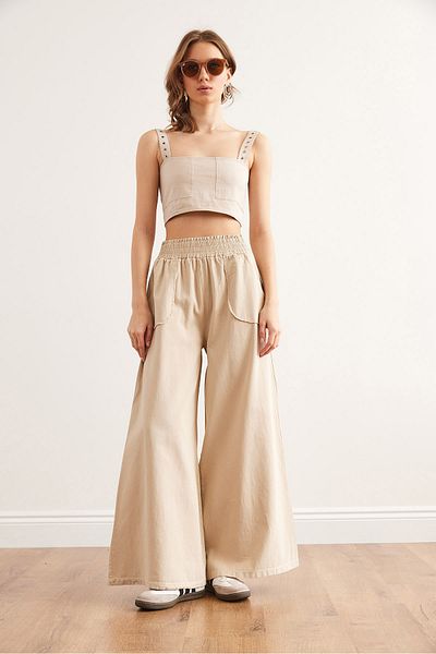 Olalook Damenhose aus Gabardine-Baumwolle – elastische Taille, Taschen, spanisches Bein PNT- 19000314