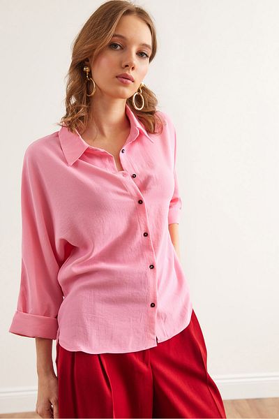 Olalook Women's Candy Pink Three Quarter Sleeve Front Short Back Long Flowy Shirt Gml- 19001283