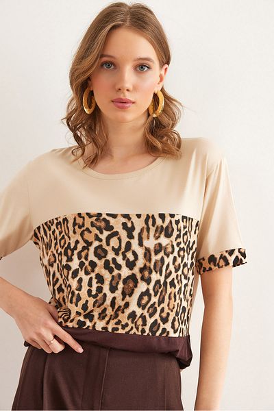 Olalook Beige-braunes Damen-T-Shirt aus Viskose mit Leopardenmuster – TSH- 19000835