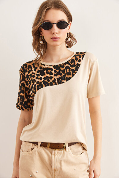 Olalook Γυναικείο μπεζ γιακά Λεοπάρ Λεπτομερές πλεκτό μπλουζάκι βισκόζης TSH- 19000836
