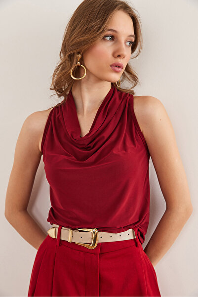 Olalook Women's Burgundy Back Button Degaje Collar Sleeveless Flowy Blouse Blz- 19002833