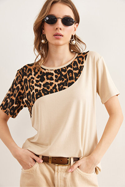 Olalook Γυναικείο μπεζ γιακά Λεοπάρ Λεπτομερές πλεκτό μπλουζάκι βισκόζης TSH- 19000836