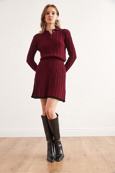 Olalook Burgunderfarbener Polokragen-Pullover-Minirock-Strickanzug für Damen TKM- 19000352
