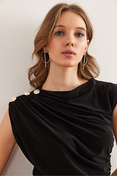 Olalook Women's Black Shoulder Button Draped Sleeveless Sandy Blouse Blz- 19002834