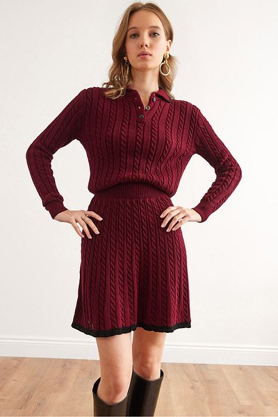 Olalook Burgunderfarbener Polokragen-Pullover-Minirock-Strickanzug für Damen TKM- 19000352