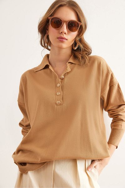 Olalook Women's Camel Gold Buttoned Polo Neck Slim Knitwear Sweater Kzk- 19000964