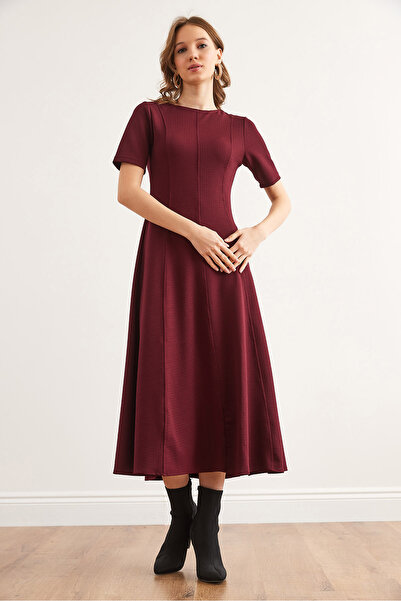 Olalook Damska bordowa sukienka midi z dzianiny z zamkiem błyskawicznym z tyłu Elb- 19002342