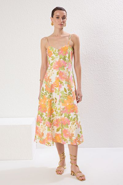 Trendyol Collection Multicolor Floral Skirt Waist Opening Midi Woven Dress Twoss25El00206