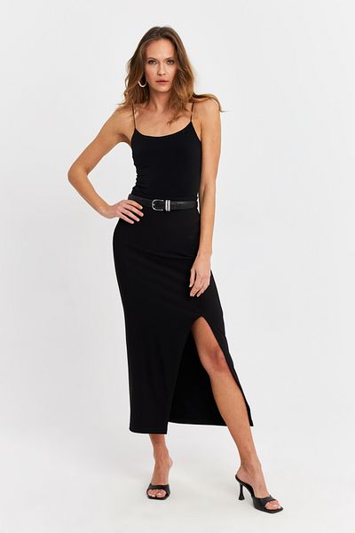 Cool & Sexy Schwarzer Midi-Damenrock mit Schlitzdetail, MOD1854