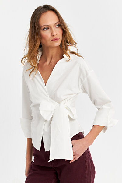Cool & Sexy Kadın Ekru Bağlamalı Kruvaze Gömlek MFS9792