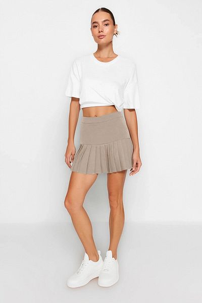 Trendyol Collection Bézs redős részletes mini méretű szőtt szoknya TWOAW23ET00059