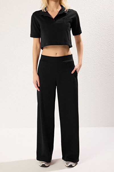 Trendyol Collection Black Crop Polo Neck Thin Knitted Bottom-Top Suit Twoss25Au00055