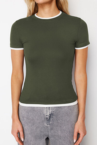Trendyol Collection Stretchy Khaki Viscous Color Block Knitted T-Shirt - Fitted, Soft Fabric Twoss24Ts00063