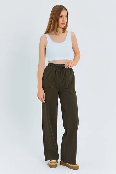 Trendyol Collection Denim Look Wide Leg Khaki Trousers with Pocket Detail, Twoss25Pl00076