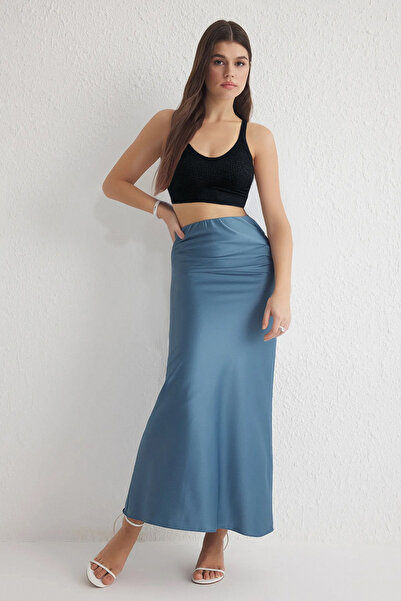 Trendyol Collection Indigó szatén hal alakú maxi hosszúságú szőtt szoknya TWOSS24ET00120