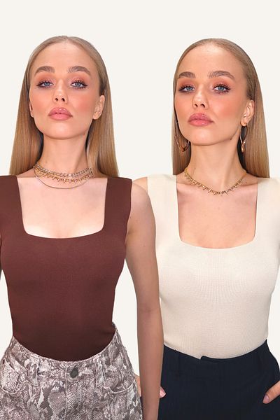 Trend Alaçatı Stili Hořká hnědo-béžová pletená halenka s čtvercovým výstřihem 2dílná sezónní sada - ALC-X13744