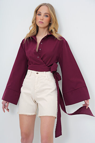 Trend Alaçatı Stili Női bordó széles mandzsetta ujjú részletes nyakkendős elülső poplin ing ALC-X13750