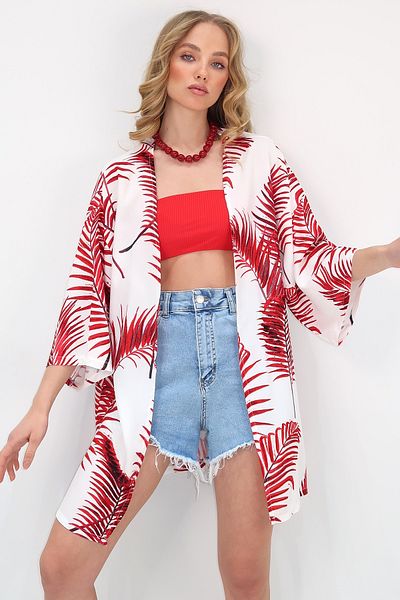 Trend Alaçatı Stili Jachetă kimono cu model roșu pentru femei ALC-X12134