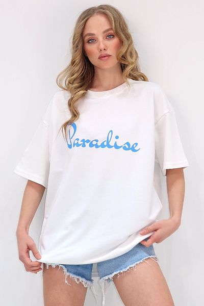 Trend Alaçatı Stili Λευκό μπλουζάκι Unisex με λαιμόκοψη 2 νημάτων - Μπροστινό εμπριμέ ALC-X12076