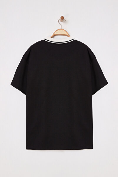 Trendyol Collection Black Oversize/Wide Cut College Themed Polo Neck T-Shirt