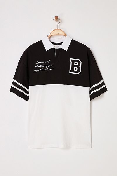 Trendyol Collection Black Oversize/Wide Cut Color Block Brooklyn Printed Polo Neck T-Shirt Tmnss25Po00029