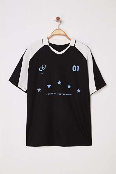 Trendyol Collection Black Oversize/Wide Cut College Themed Polo Neck T-Shirt