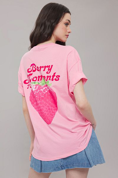 Trendyol Collection Světle růžová 100% bavlna Oversize/Wide Fit Přední Zadní Zadní Potištěné Pletené tričko Twoss25Ts00077