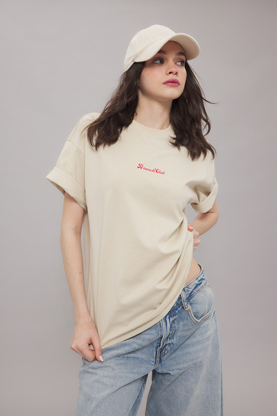 Trendyol Collection Stone Front and Back Printed Oversize/Wide Fit Knitted T-Shirt Twoss25Ts00123