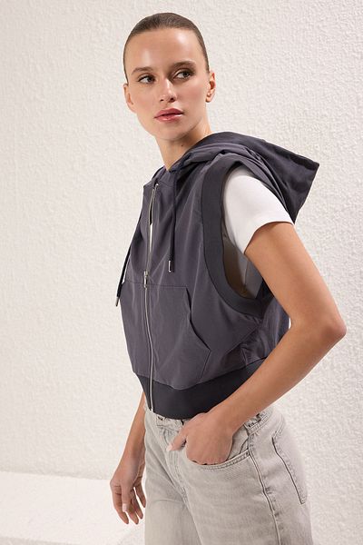 Trendyol Collection Anthracite Contrast Woven Garni Detailed Regular/Normal Fit Stretchy Knitted Vest Twoss25Ye00008