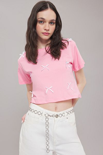 Trendyol Collection Tricou obișnuit 100% bumbac cu fundă roz - TWOSS25TS00087
