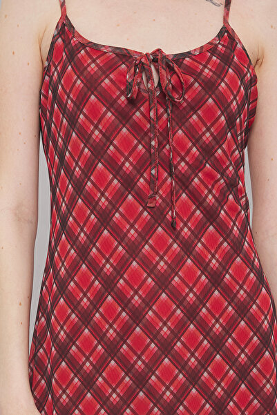 Trendyol Collection Red Lacing Detail Plaid Tulle Maxi Stretchy Knitted Dress Twoss25El00468