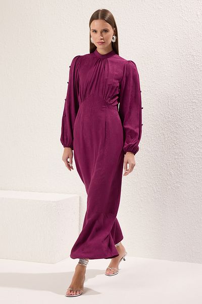 Trendyol Modest Szilva bordó virágos jacquard fogantyús gombos szőtt ruha TCTSS24EB00064