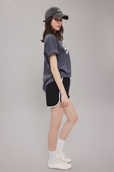 Trendyol Collection Black Color Block Stripe Detailed Elastic High Waist Knitted Shorts Twoss25Sr00051